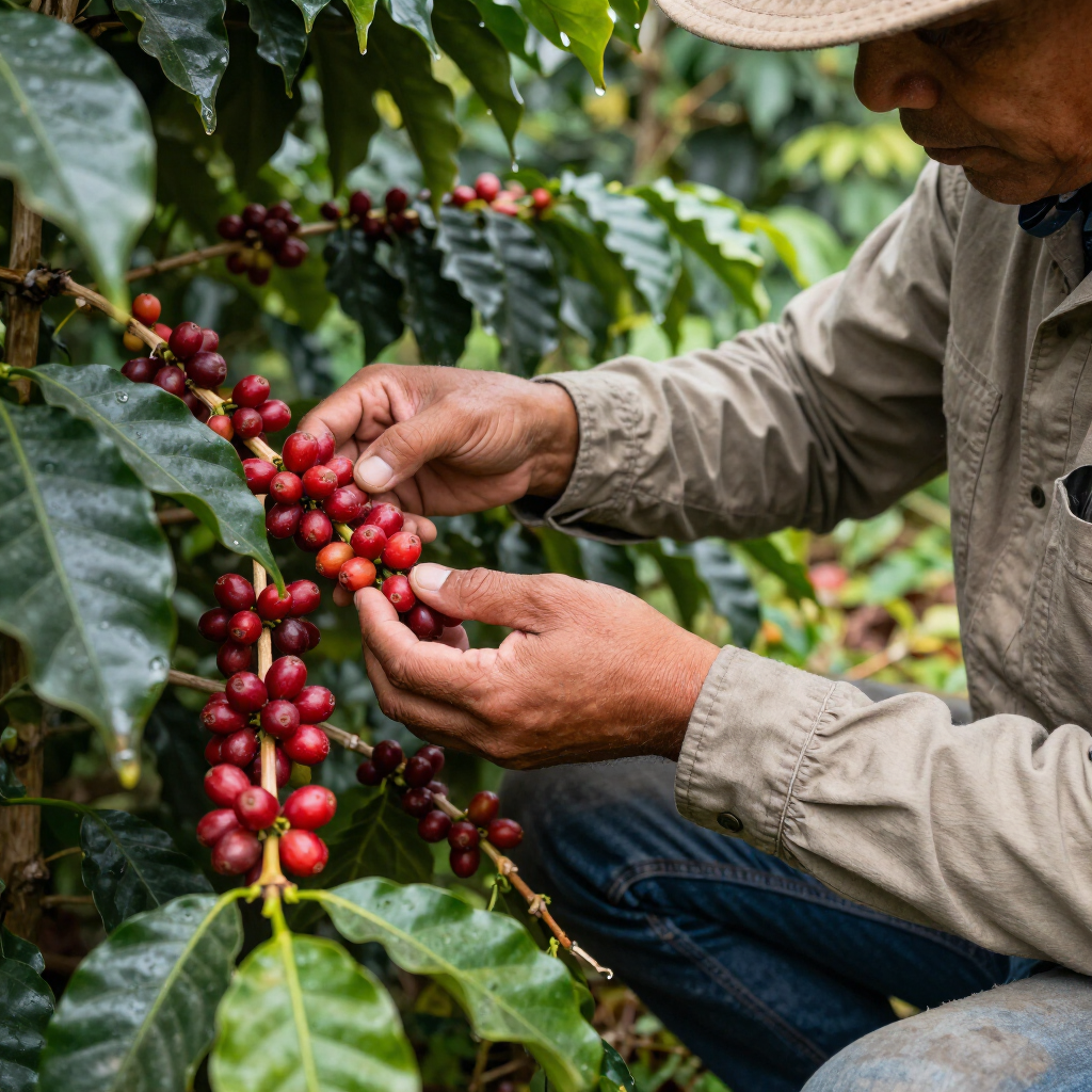 Farmer harvesting red coffee cherries from a coffee plant in a lush green field
