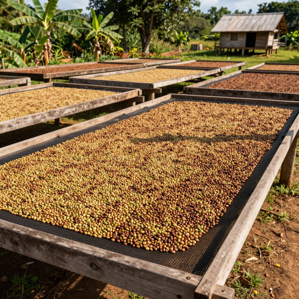 Coffee beans drying on raised wooden trays outdoors near a small rural hut, surrounded by banana trees