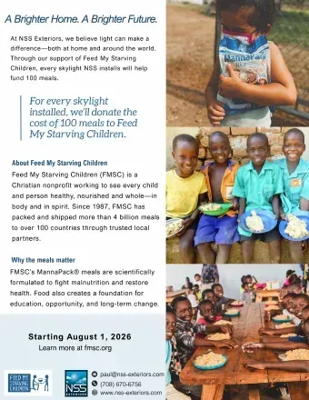 Flyer for FMSC Charity Clinic featuring smiling children receiving meals and a call to feed starving children.
