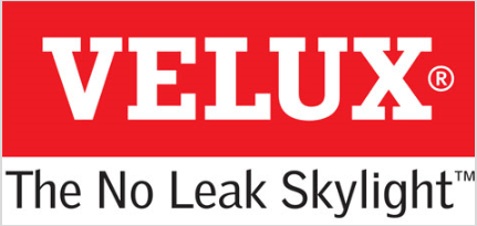 The Velux Logo Features a Red and White Design and Includes the Phrase No Leak Skylight.