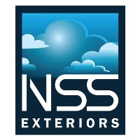 A logo for nss exteriors with a blue sky and clouds
