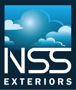 A logo for nss exteriors with a blue sky and clouds