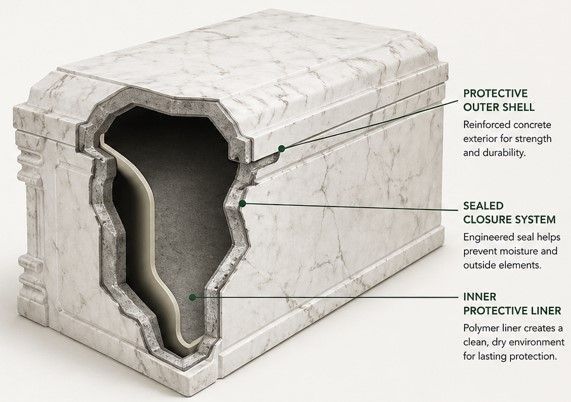 Diagram showing the construction and layers of a burial vault