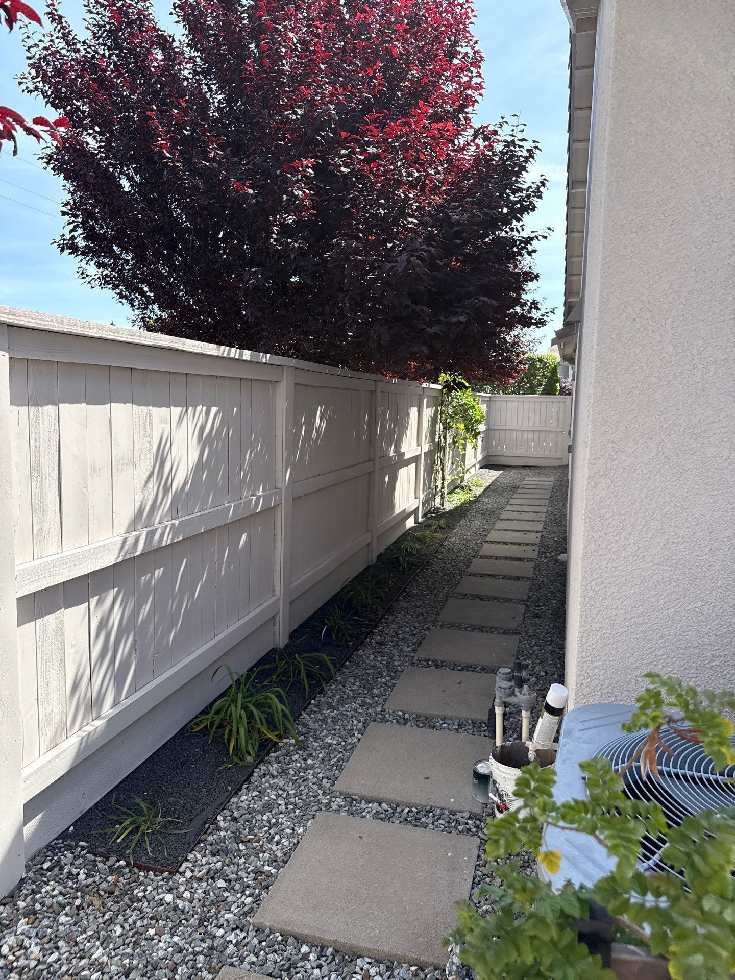 Narrow side yard with stepping stones, white fence, gravel, and a red-leaf tree overhead.