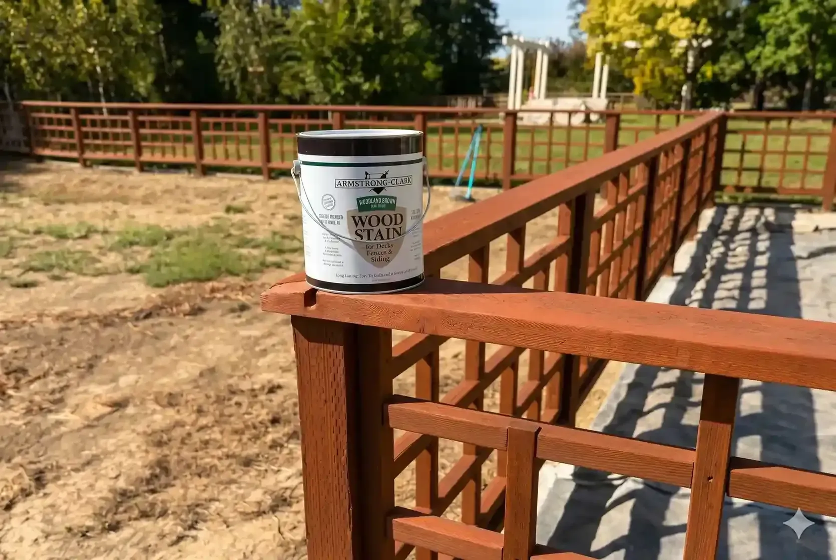 Paint can on wooden fence rail beside a sunlit paddock with trees and fence lines