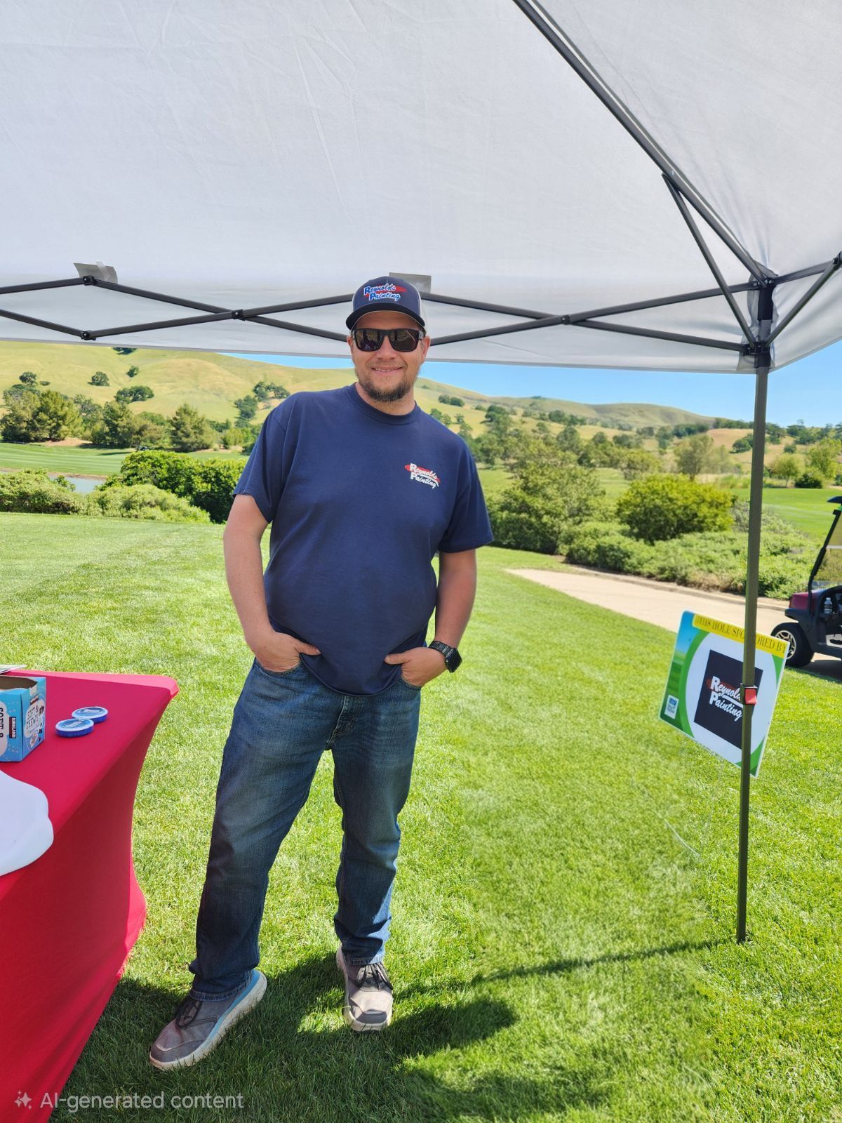 Man standing under a canopy on a grassy field, wearing a navy shirt, jeans, cap, and sunglasses.