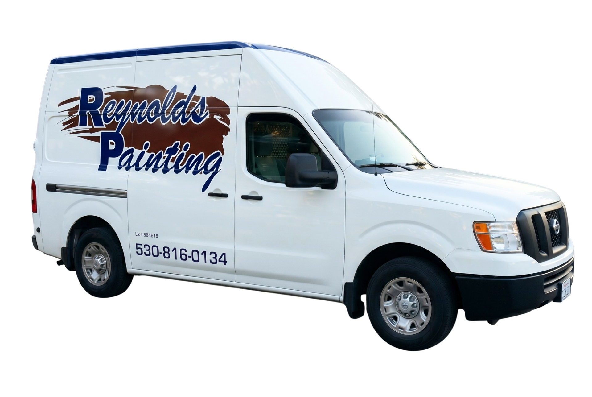 White painting company van with logo and phone number on the side