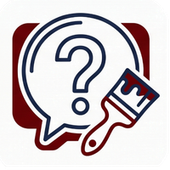 Question mark in a speech bubble with a paintbrush, in blue and red.
