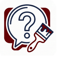 Question mark in a speech bubble with a paintbrush, in blue and red.