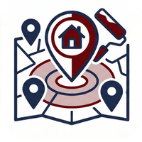 Stylized map with location pins and a central house marker in red, blue, and white