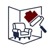 Paint roller painting a wall in a room with an armchair, in dark blue and red line art