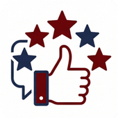 Thumbs-up icon with red and blue stars above it on a white background
