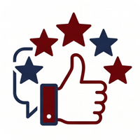 Thumbs-up icon with red and blue stars above it on a white background