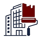 Building with red paint roller icon on white background