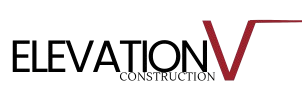 Elevation Construction logo with black text and a large red V