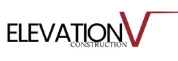 Elevation Construction logo with black text and a large red V