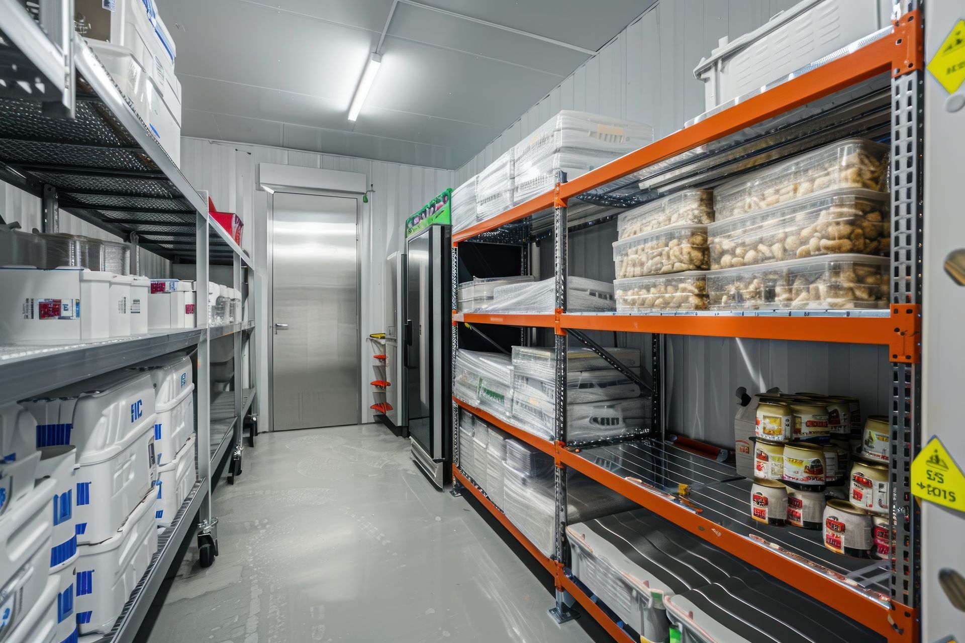 Intérieur d'une salle de stockage de nourriture avec des étagères de fournitures; porte au bout du couloir; étagères orange et grises; conteneurs blancs et conserves.