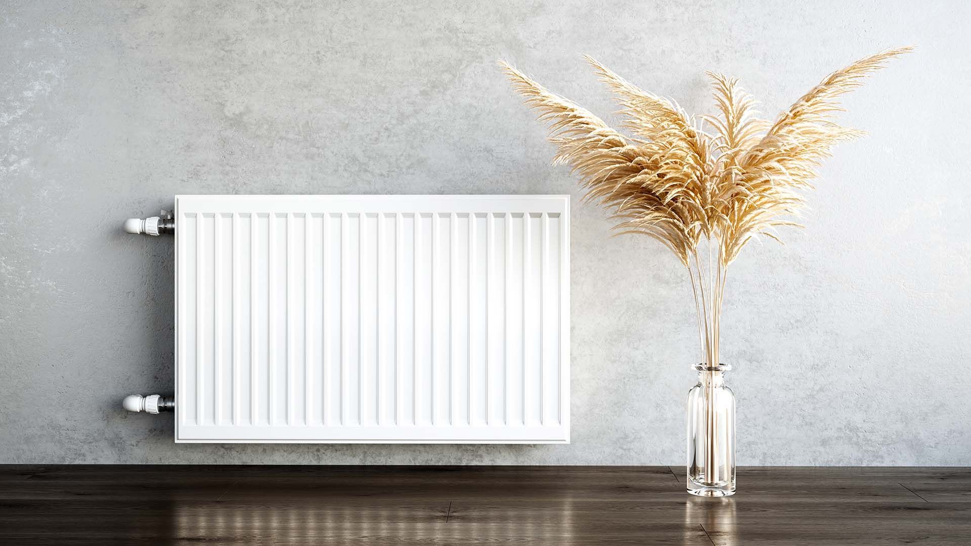 Un radiateur blanc est posé sur un plancher en bois à côté d'un vase de fleurs séchées.