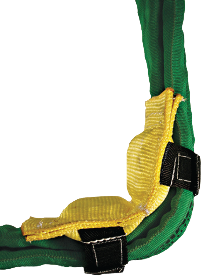 Yellow strap on green fabric corner, secured with black buckles