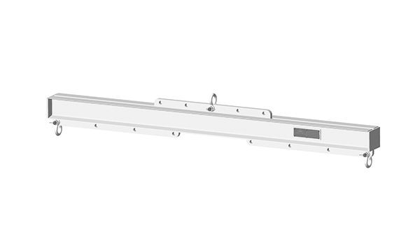 Long white metal beam with hooks and mounting points, shown on a plain white background