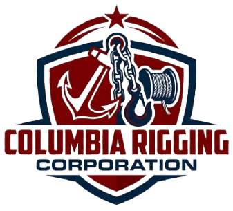 Columbia Rigging Corporation logo with red, white, and navy shield, chain, and cable spool