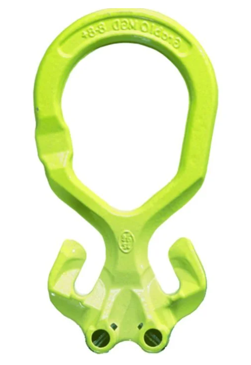 Neon green metal lifting hook with two lower prongs and an oval top loop on white background
