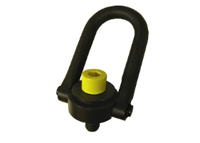 Black U-shaped plastic clip with a yellow cap on a white background