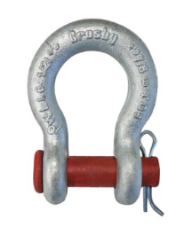 Galvanized steel shackle with red pin and cotter clip, isolated on white background