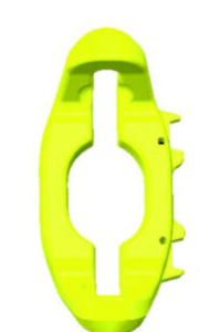 Neon yellow plastic ring-shaped clamp with a keyhole-like center and side tabs