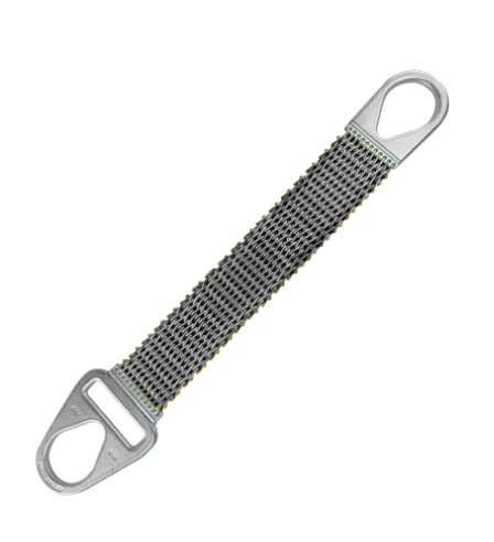 Gray metal strap hinge with looped ends, shown diagonally on a white background