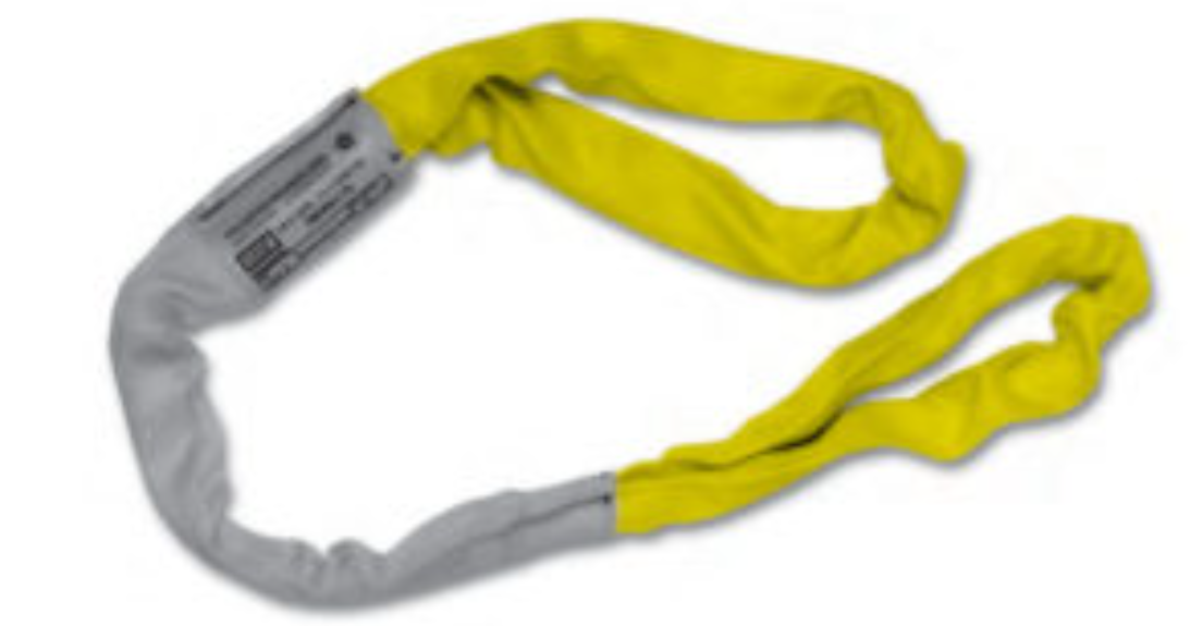 Yellow and gray lifting sling strap with metal connector looped on a white background