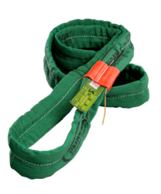 Green lifting sling with a red and yellow hook clasp on a white background