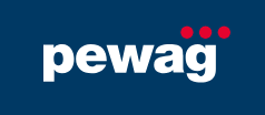 Pewag logo in white on a blue background with three red dots above the “g”