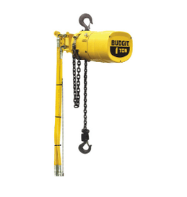 Yellow chain hoist with hook, labeled “Budget 1 Ton”