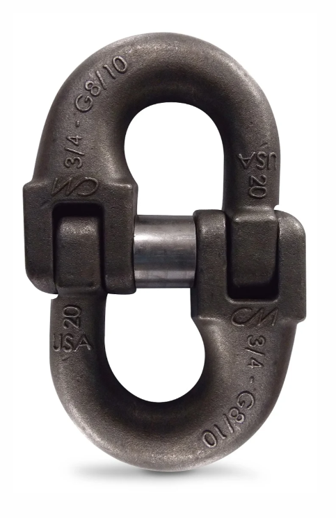 Black metal chain connector link on a white background