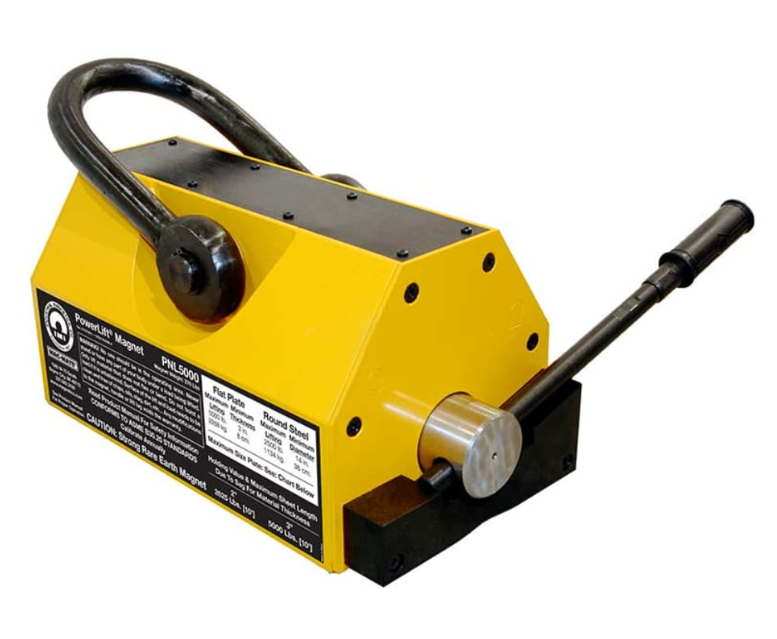 Yellow-and-black magnetic lifter with handle and lever, shown on a white background