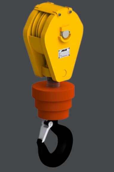 Yellow industrial hoist block with black hook and orange pulley housing