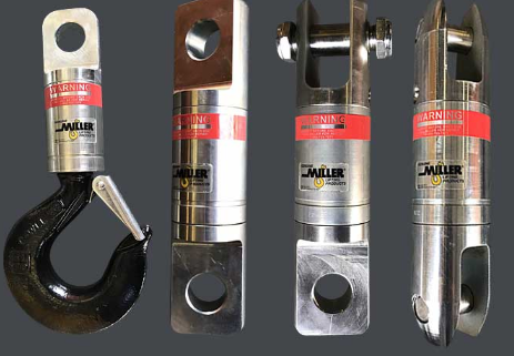 Four metal rigging clamps and hooks, including a black swivel clamp and silver clamps with red labels.