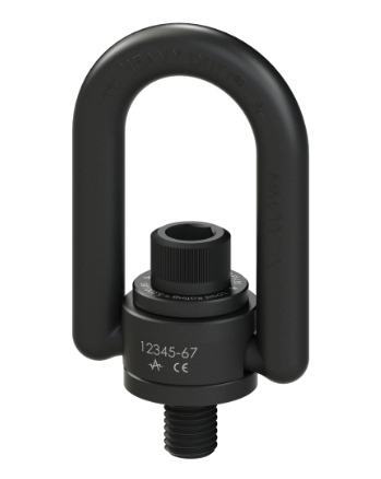 Black U-shaped lifting anchor bolt with threaded end on white background