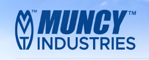 Muncy Industries logo in blue with stylized M icon on a light background