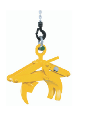 Yellow hydraulic lifting clamp with black chain and hook, isolated on white background