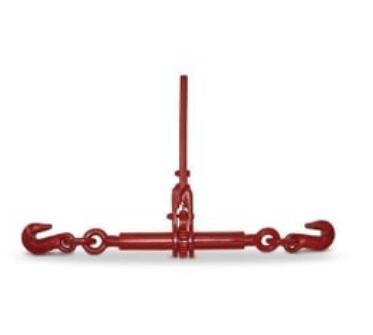 Red metal load binder with hooks, isolated on a white background