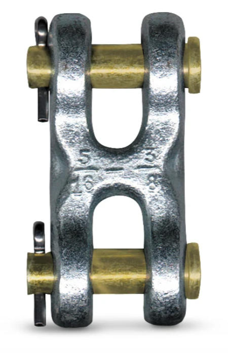 Metal chain connector link with two horizontal brass pins and silver body on white background