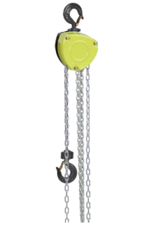 Yellow chain hoist with black hooks and hanging metal chains