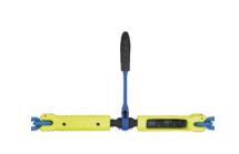 Yellow ratchet tie-down strap with blue hooks and a black handle on a white background