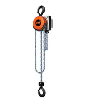 Orange and black chain hoist with hook hanging against a white background