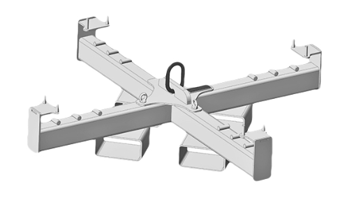 Crossed white metal support brackets with a central looped handle on a plain background