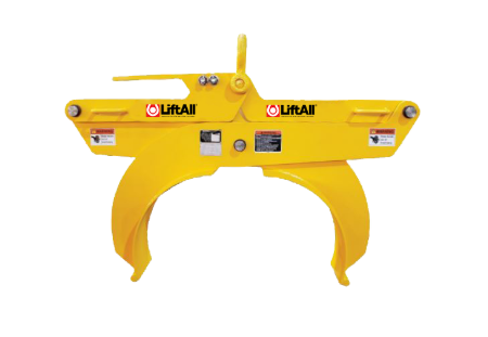Yellow LiftAll lifting clamp with curved jaws, shown front view on a white background