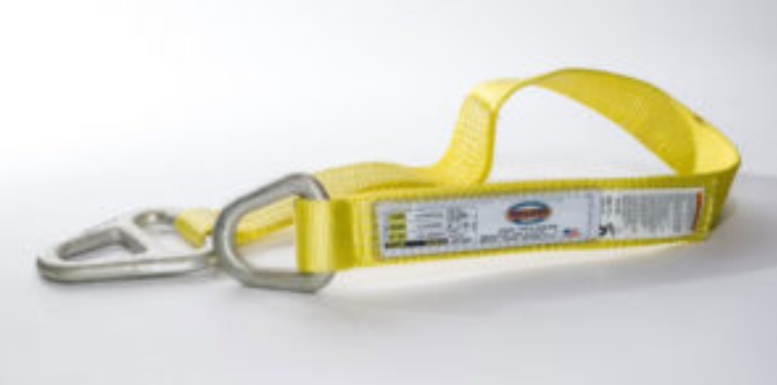 Yellow rescue sling with metal clip and buckle on a white background