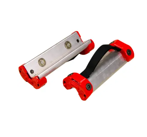 Two red-and-silver folding utility knives on a white background